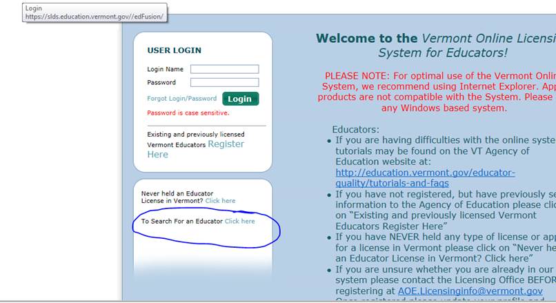View of link to search for an educator